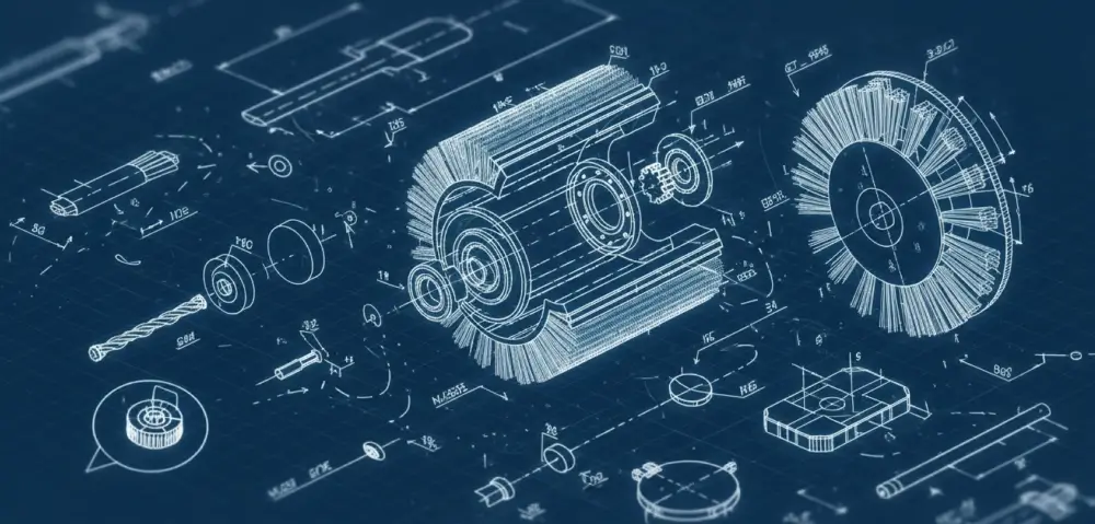 Чертеж, условно показывающий устройство и конструкцию разных типов промышленных щеток.